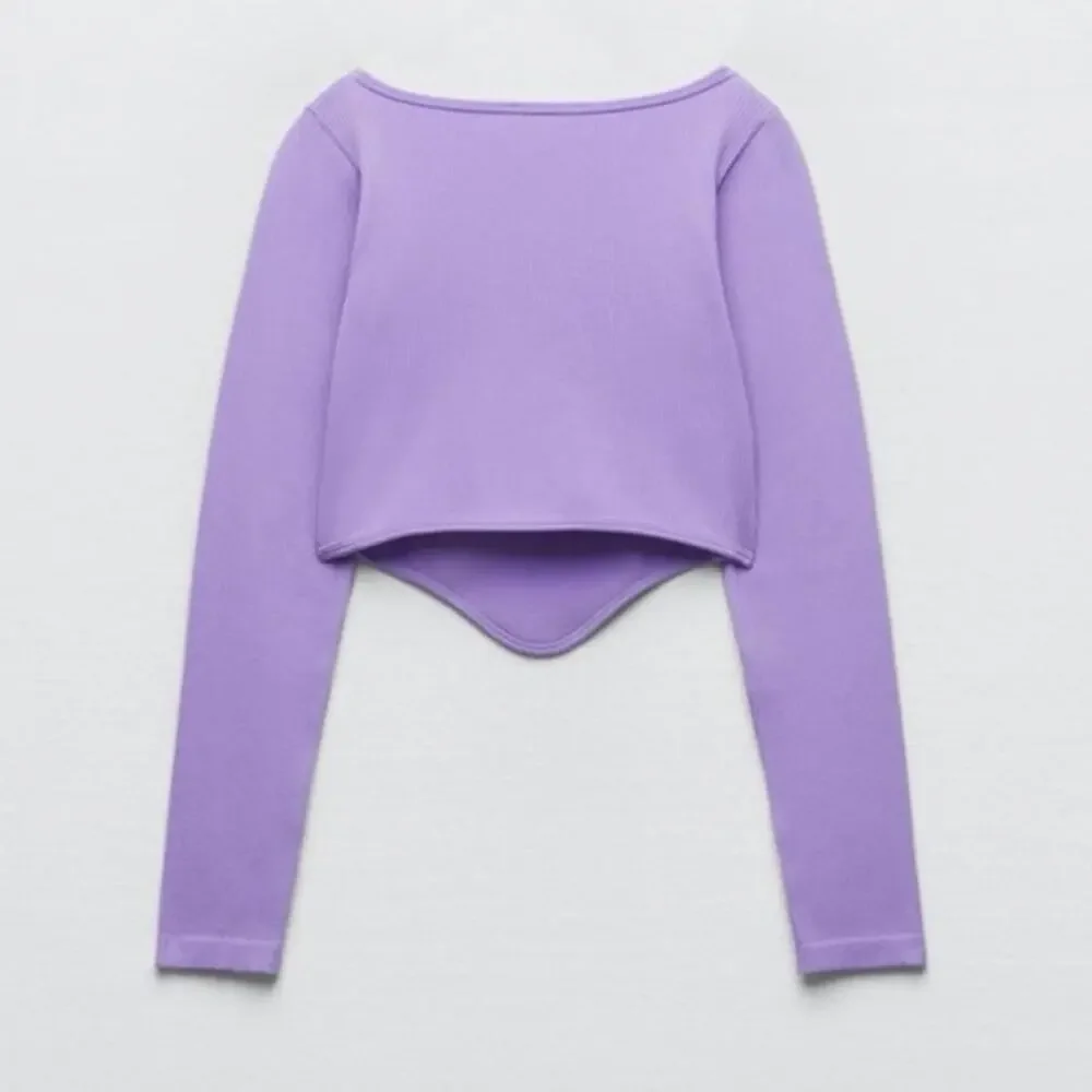 Zara Women's Purple Lavender Rib Knit Long Sleeve Pullover Crop Shirt Top M/L